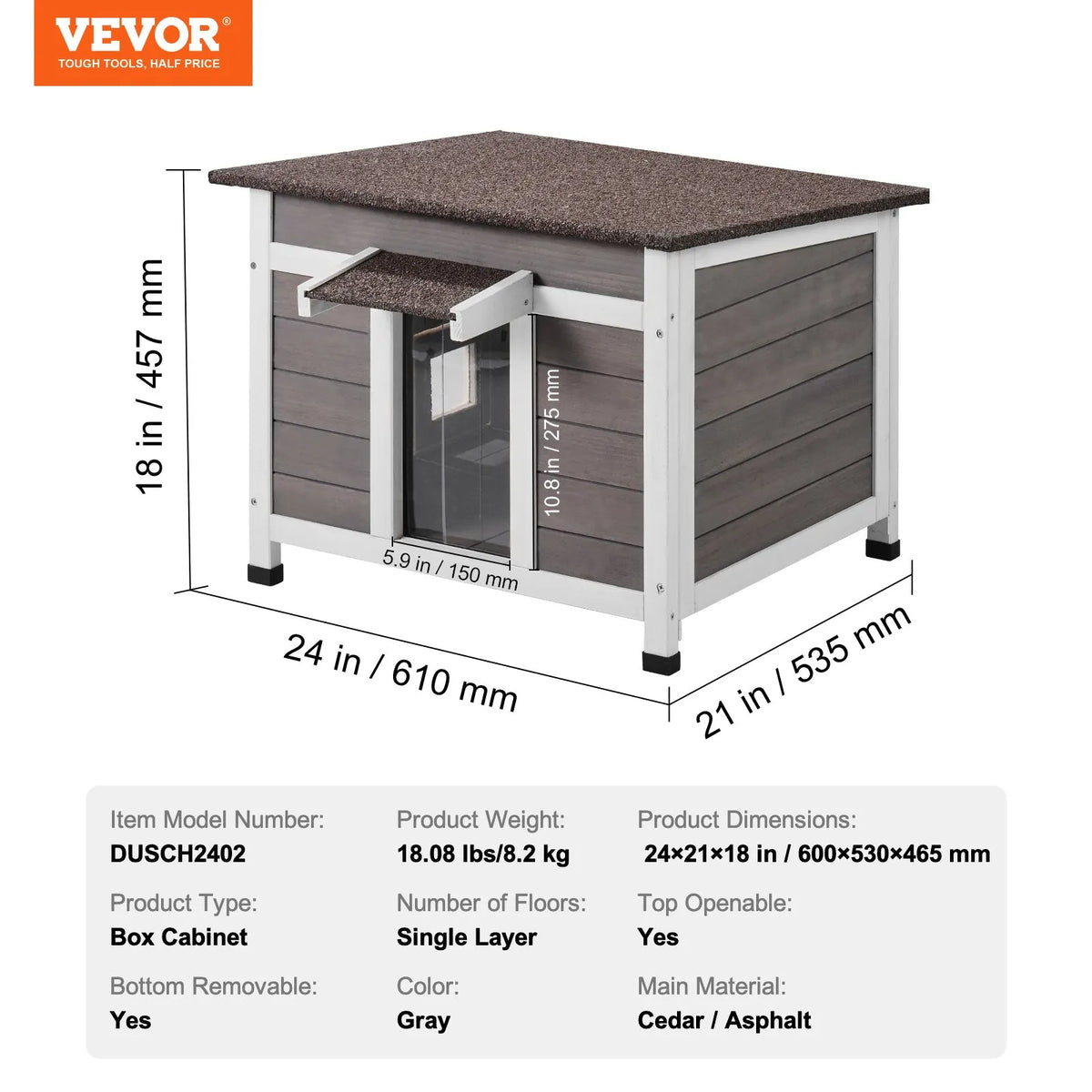 VEVOR Outdoor Wooden Cat House with Window, Openable Roof and PVC Door Curtain, for 1–2 Cats, 61 × 53 × 46 cm