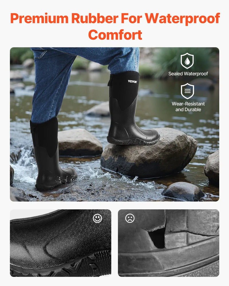 44_VEVOR vīriešu gumijas zābaki — ūdensizturīgi neslīdoši medību un dārza dubļu zābaki, siltināti viegli un izturīgi aizsargapavi rūpniecībai un lauksaimniecībai, ES izmērs 44
