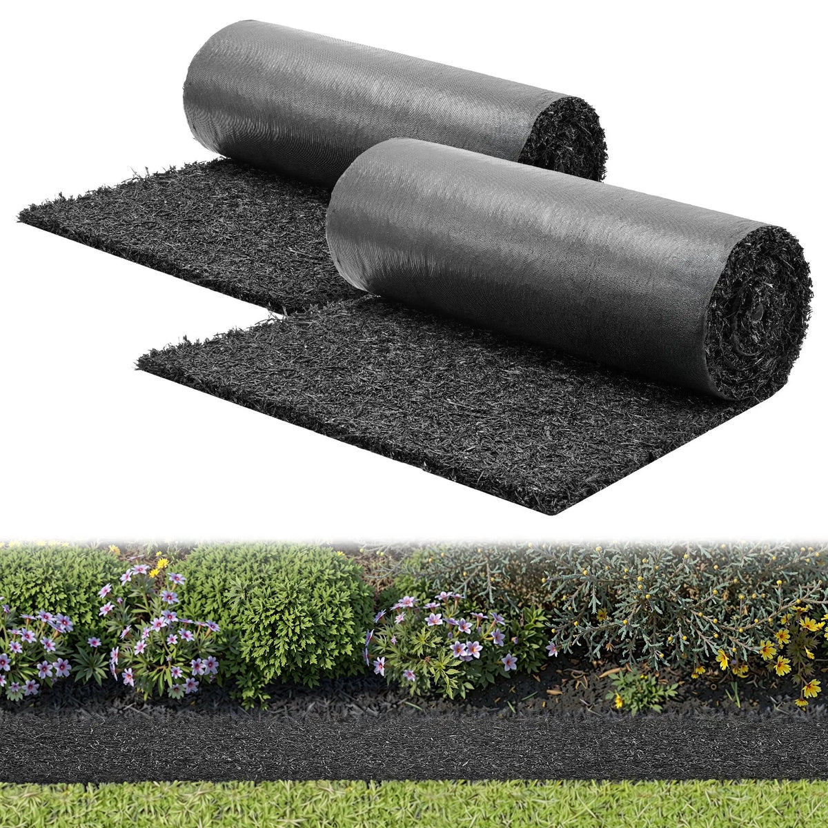 VEVOR gumijas mulčas paklāju ruļļu komplekts 2 gab., 244 x 61 cm, 12,7 mm biezums, griežams, nezāļu augšanas samazināšanai, dabiska izskata segums celiņiem un ainavu labiekārtošanai - ZEMLETES.LV