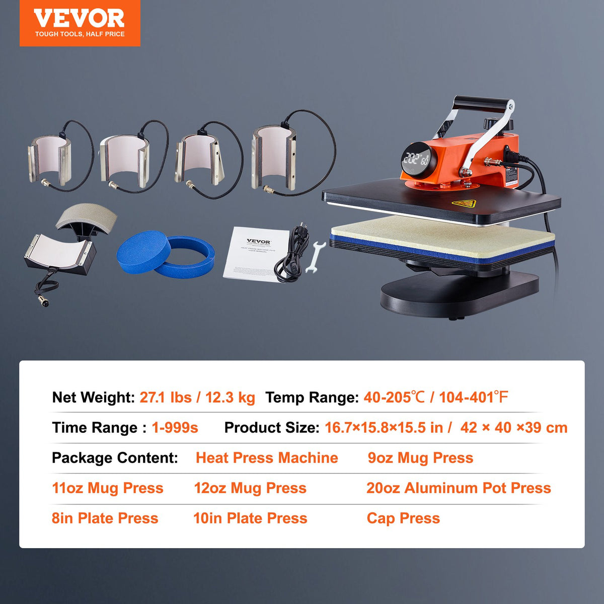 VEVOR kuumpress 30 × 38 cm 8-in-1, sublimatsiooniks särkidele, taldrikutele, kruusidele ja tassidele