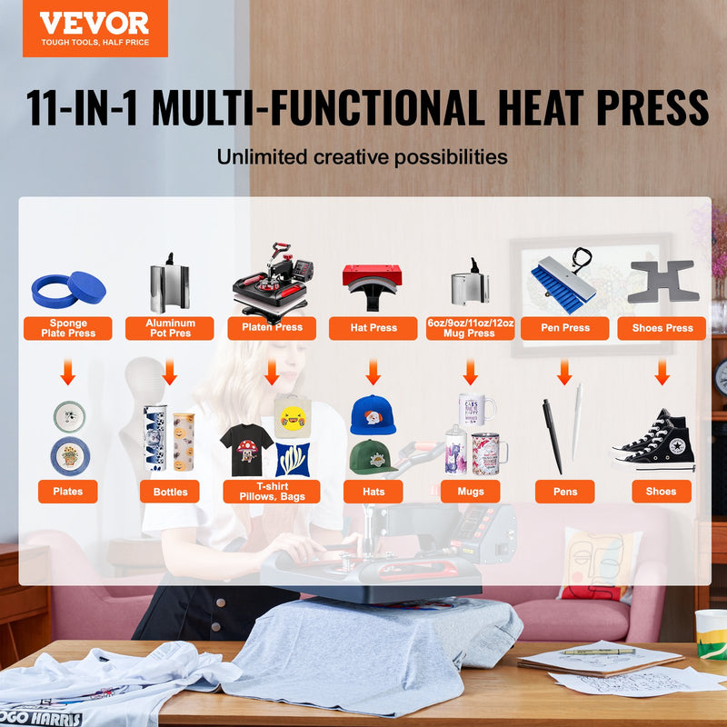 VEVOR Siltuma Preses Mašīna Sublimācijai 38 x 30 cm, 11 in 1 Komplekts