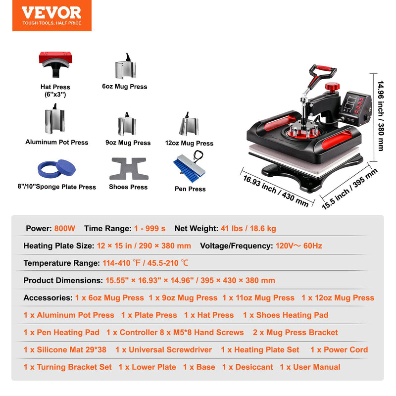 VEVOR Siltuma Preses Mašīna Sublimācijai 38 x 30 cm, 11 in 1 Komplekts