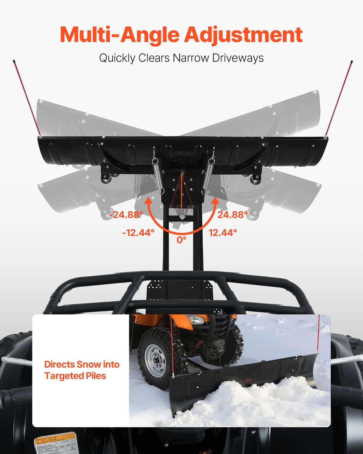 Snow Plough 109/183 cm Adjustable, Quick-Release, Universal Mount with Rubber Edge Guards, Steel Blade, Suitable for Most UTV and ATV