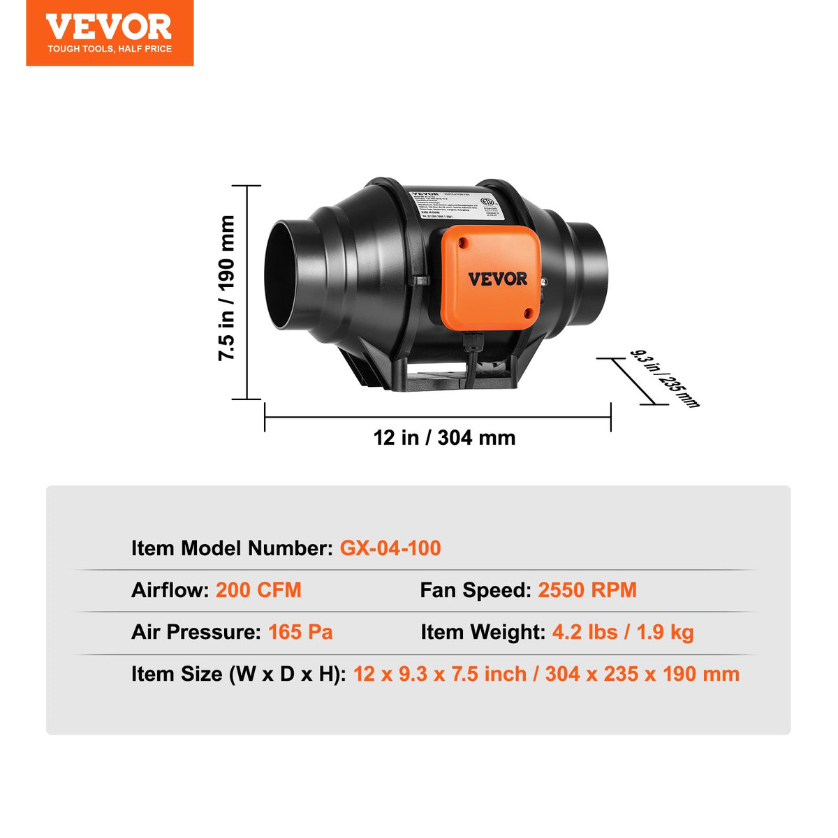 VEVOR 31W Exhaust Duct Fan, Inline Duct Ventilator, Indoor Ventilation Fan