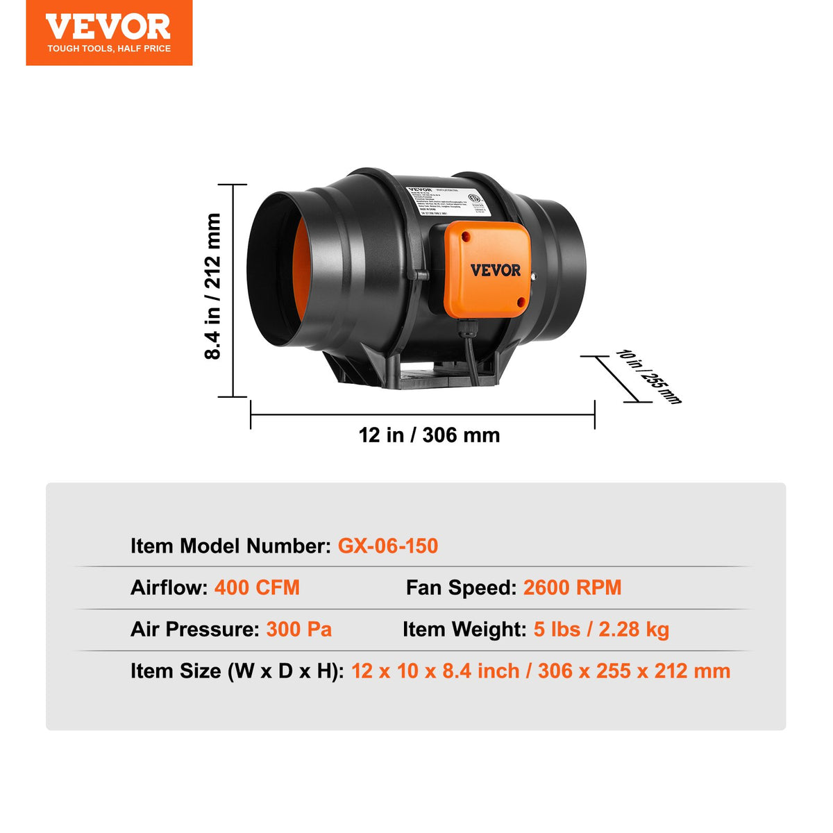 VEVOR 152.4 mm Duct Fan HVAC Exhaust Blower Kit AC Variable Speed Control