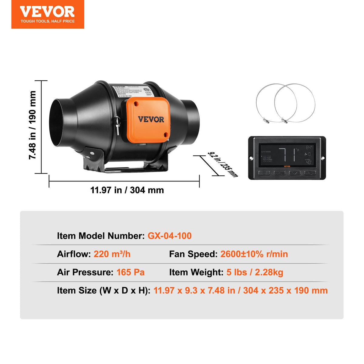 VEVOR 102 mm Duct Fan HVAC Exhaust Fan Kit with EC Speed Control_full description below