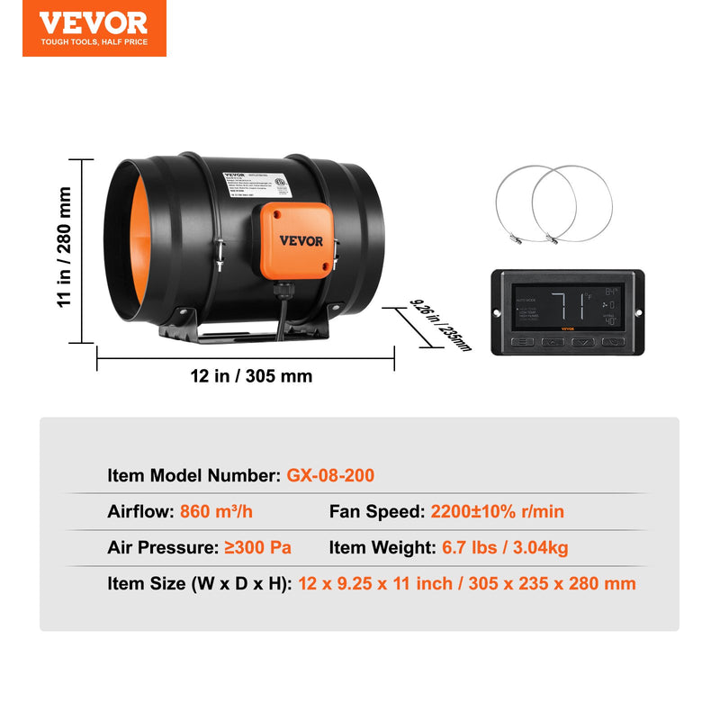 VEVOR 8 collu kanāla ventilators HVAC izplūdes ventilatora komplekts ar EC mainīga ātruma kontroli