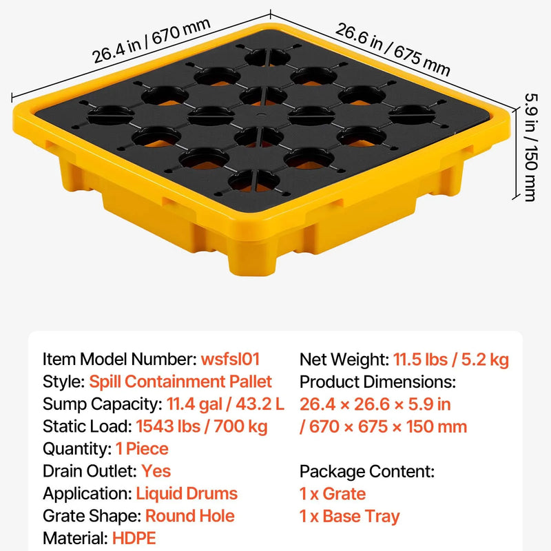 VEVOR noplūžu savākšanas palete 1 mucai, 700 kg, 43,2 l, 670 × 675 × 150 mm, polietilēna platforma ar drenāžas atveri, dzeltena krāsa