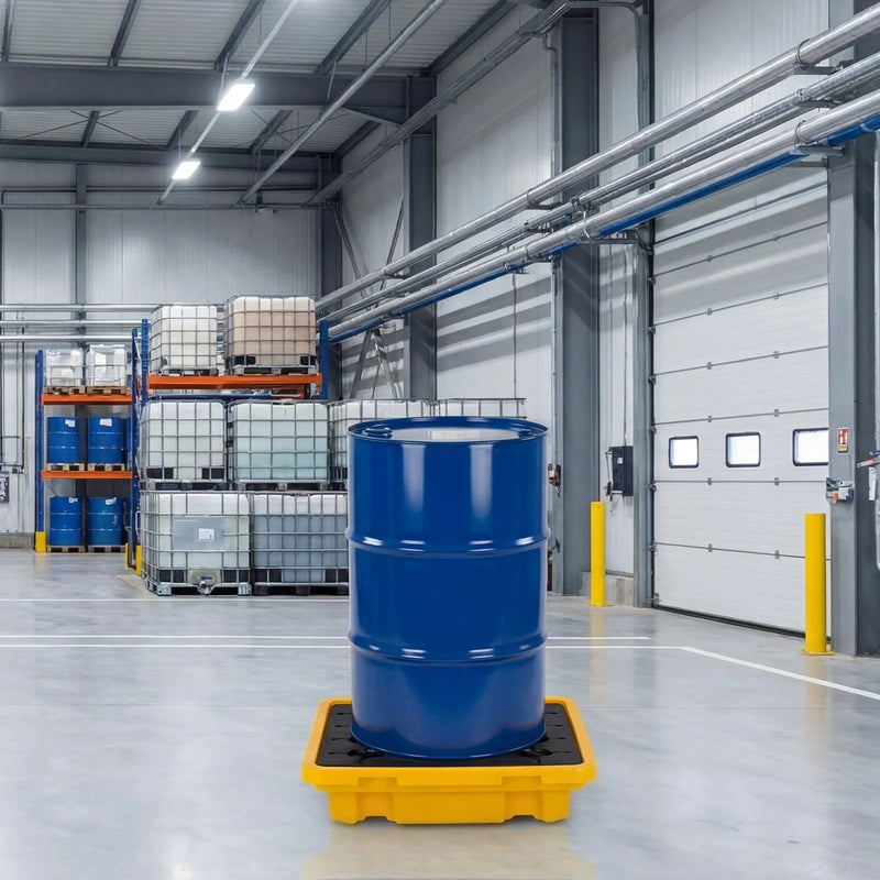 VEVOR noplūžu savākšanas palete 1 mucai, 700 kg, 43,2 l, 670 × 675 × 150 mm, polietilēna platforma ar drenāžas atveri, dzeltena krāsa