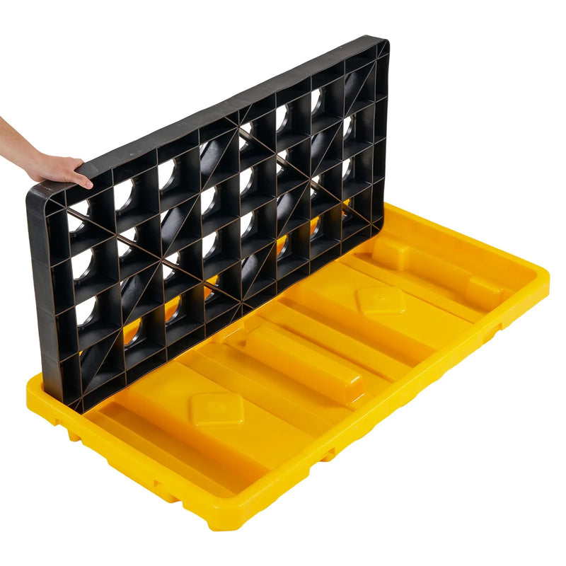 VEVOR noplūžu savākšanas palete 2 mucām, 2000 kg, 79,5 l, 1316 × 680 × 150 mm, polietilēna platforma ar drenāžas atveri, dzeltena krāsa