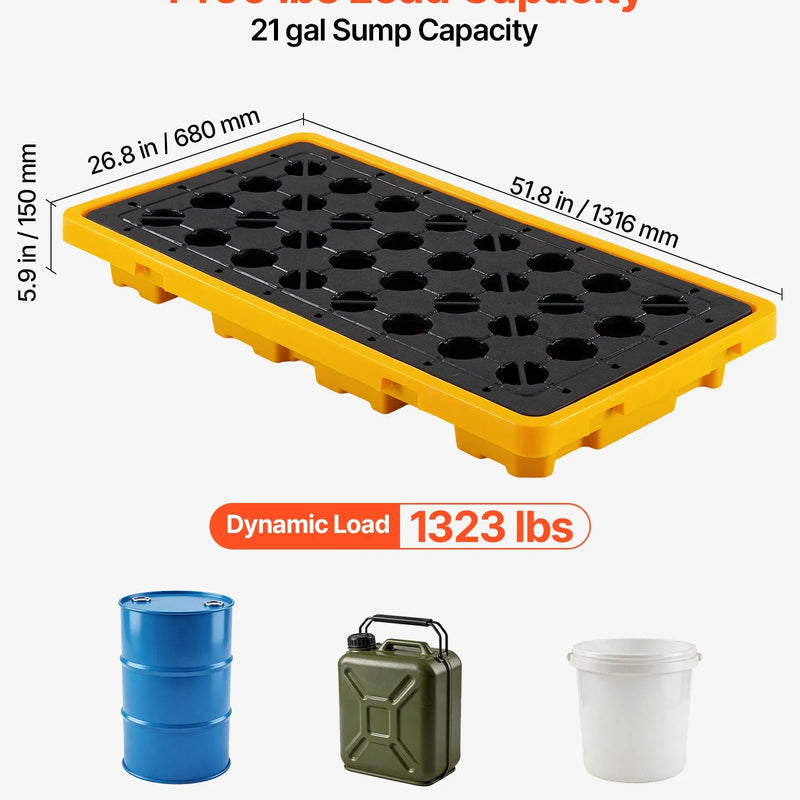 VEVOR noplūžu savākšanas palete 2 mucām, 2000 kg, 79,5 l, 1316 × 680 × 150 mm, polietilēna platforma ar drenāžas atveri, dzeltena krāsa