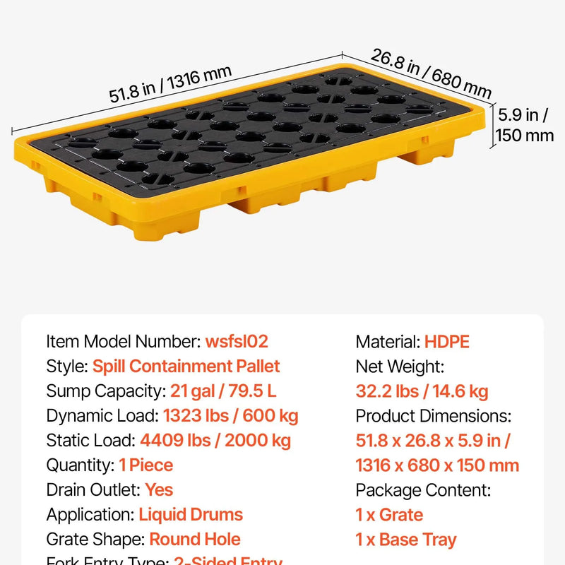 VEVOR noplūžu savākšanas palete 2 mucām, 2000 kg, 79,5 l, 1316 × 680 × 150 mm, polietilēna platforma ar drenāžas atveri, dzeltena krāsa