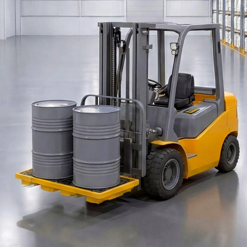 VEVOR noplūžu savākšanas palete 2 mucām, 2000 kg, 79,5 l, 1316 × 680 × 150 mm, polietilēna platforma ar drenāžas atveri, dzeltena krāsa
