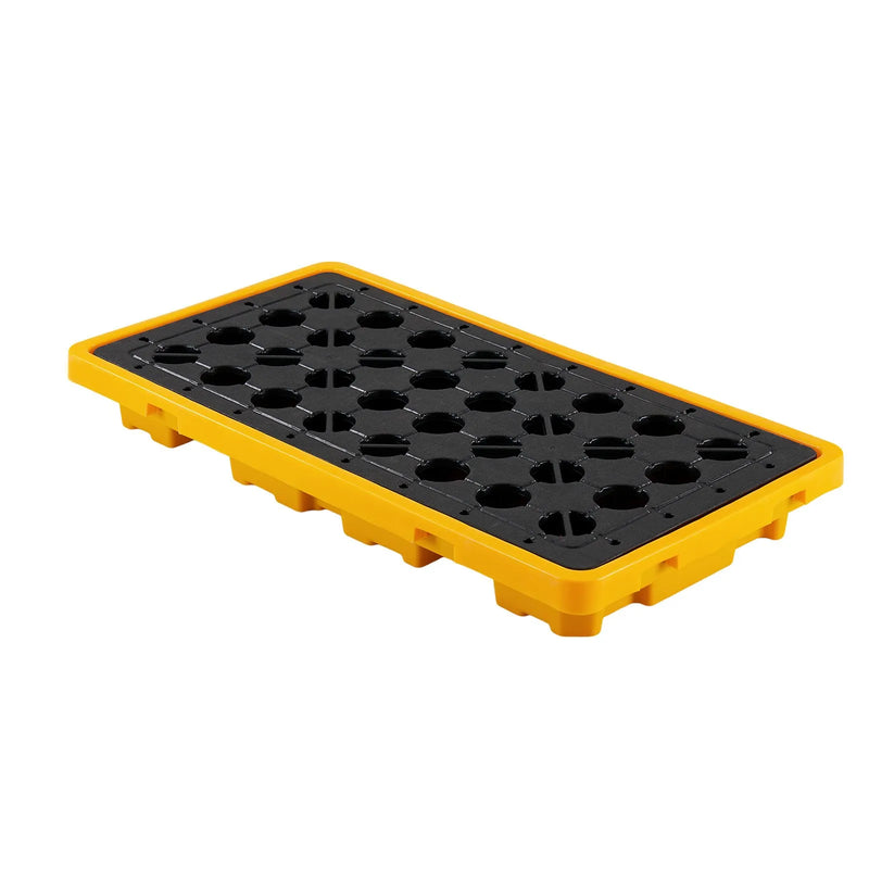 VEVOR noplūžu savākšanas palete 2 mucām, 2000 kg, 79,5 l, 1316 × 680 × 150 mm, polietilēna platforma ar drenāžas atveri, dzeltena krāsa
