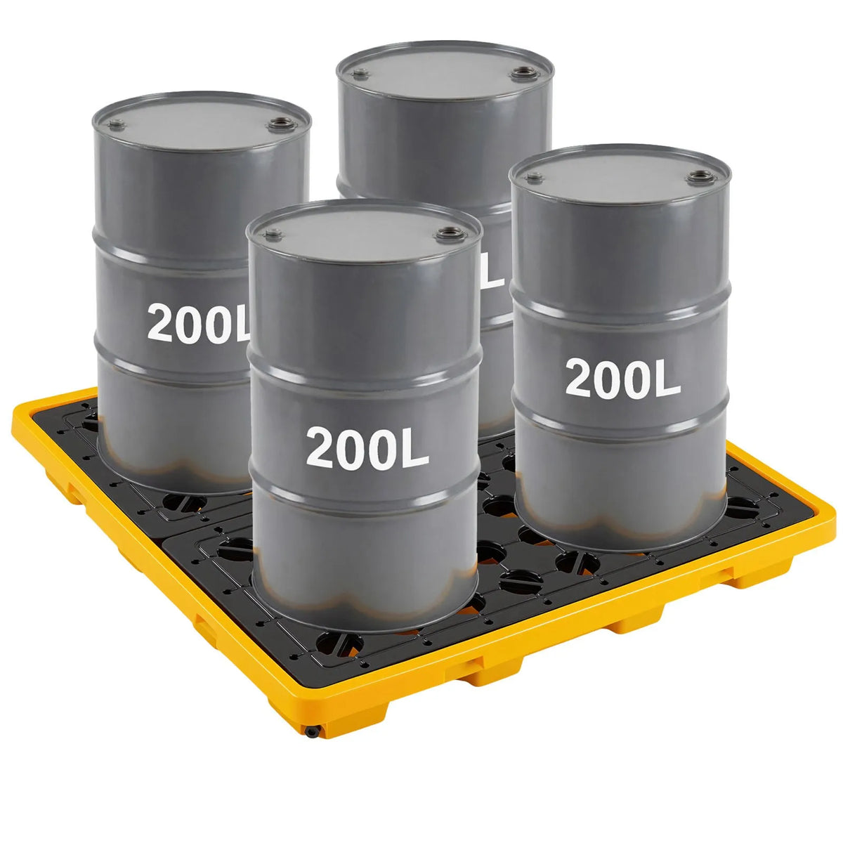 VEVOR noplūžu savākšanas palete 4 mucām, 4000 kg, 117,4 l, 1305 × 1280 × 150 mm, polietilēna platforma ar drenāžas atveri, dzeltena krāsa