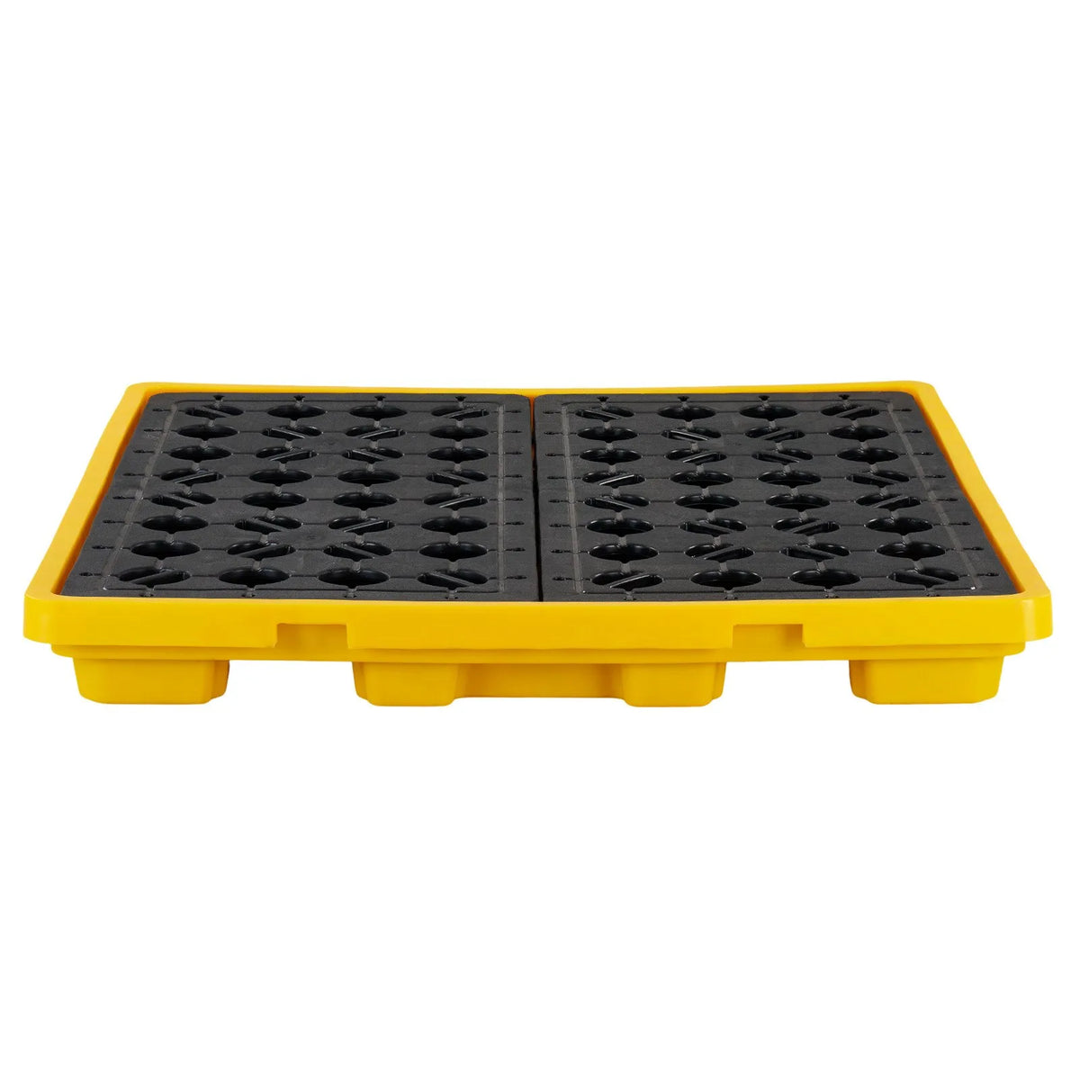VEVOR noplūžu savākšanas palete 4 mucām, 4000 kg, 117,4 l, 1305 × 1280 × 150 mm, polietilēna platforma ar drenāžas atveri, dzeltena krāsa