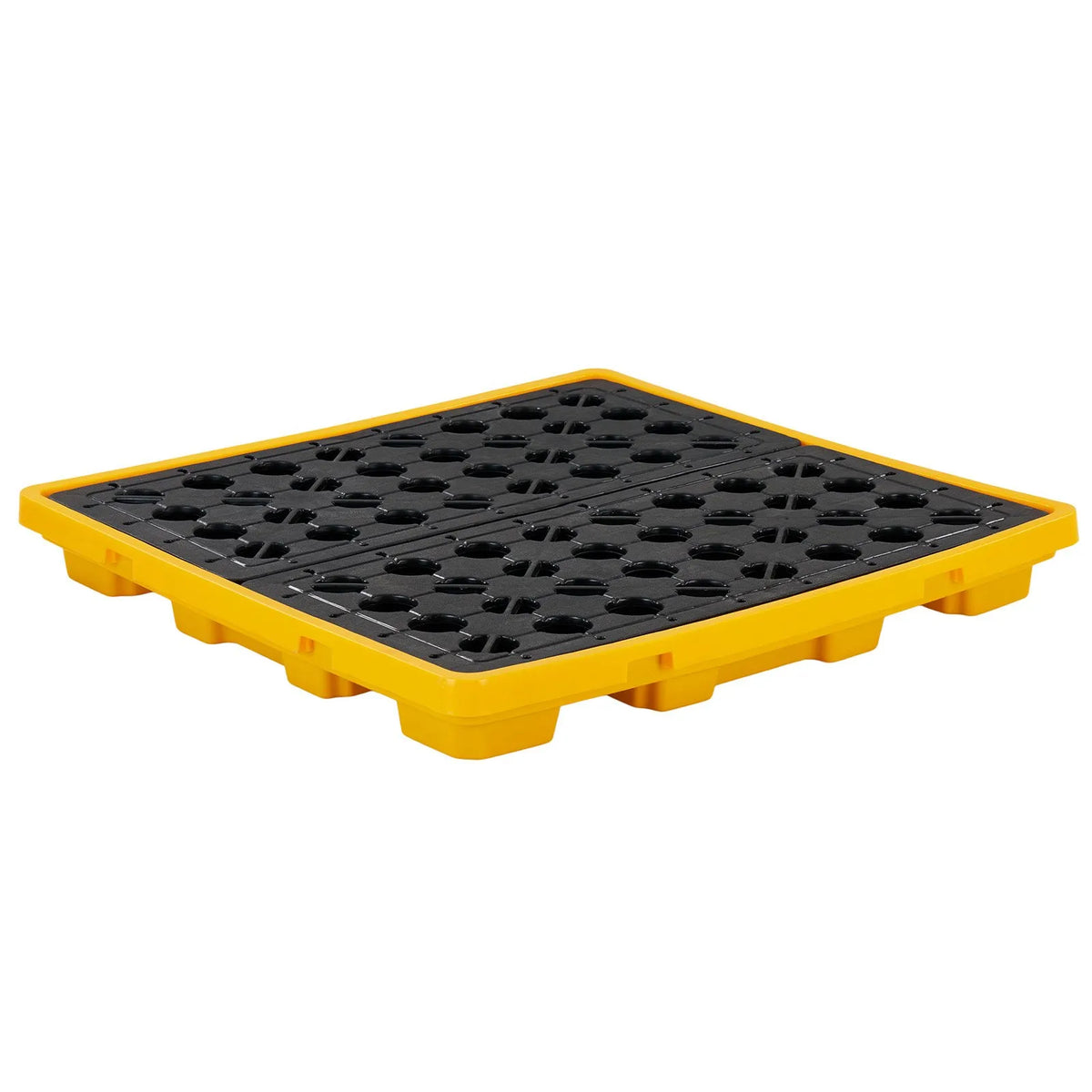 VEVOR noplūžu savākšanas palete 4 mucām, 4000 kg, 117,4 l, 1305 × 1280 × 150 mm, polietilēna platforma ar drenāžas atveri, dzeltena krāsa