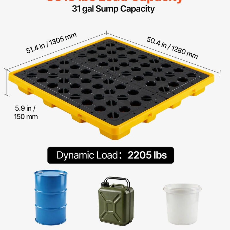 VEVOR noplūžu savākšanas palete 4 mucām, 4000 kg, 117,4 l, 1305 × 1280 × 150 mm, polietilēna platforma ar drenāžas atveri, dzeltena krāsa