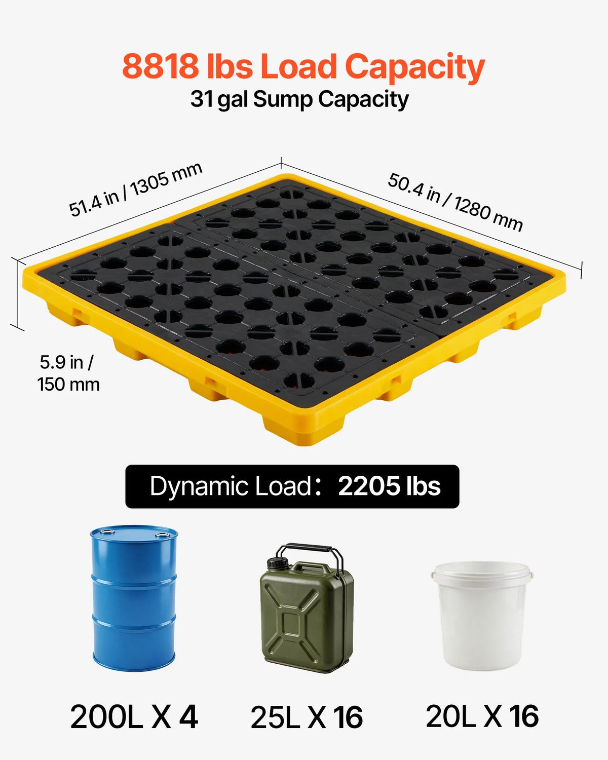 VEVOR noplūžu savākšanas palete 4 mucām, 4000 kg, 117,4 l, 1305 × 1280 × 150 mm, polietilēna platforma ar drenāžas atveri, dzeltena krāsa