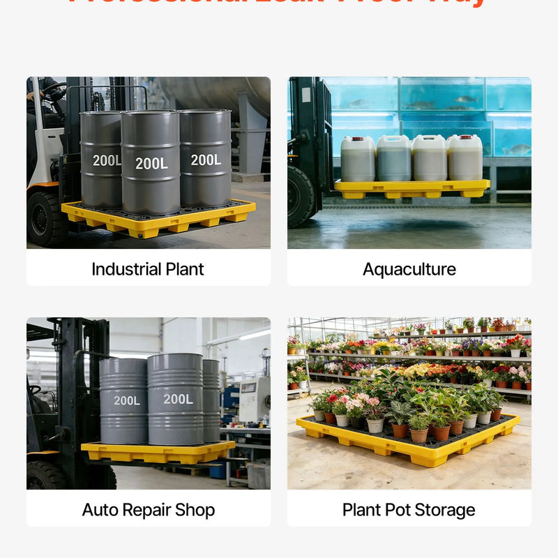 VEVOR noplūžu savākšanas palete 4 mucām, 4000 kg, 117,4 l, 1305 × 1280 × 150 mm, polietilēna platforma ar drenāžas atveri, dzeltena krāsa