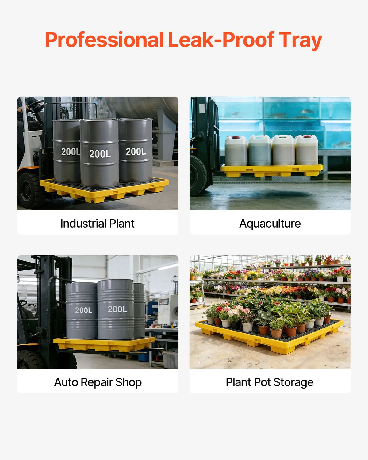 VEVOR noplūžu savākšanas palete 4 mucām, 4000 kg, 117,4 l, 1305 × 1280 × 150 mm, polietilēna platforma ar drenāžas atveri, dzeltena krāsa