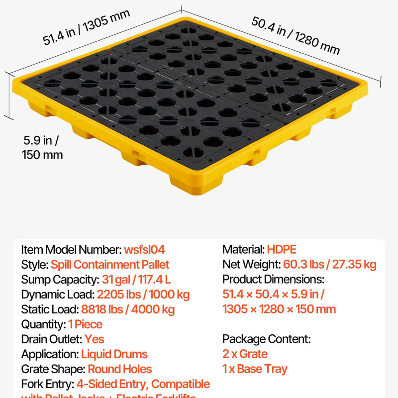 VEVOR noplūžu savākšanas palete 4 mucām, 4000 kg, 117,4 l, 1305 × 1280 × 150 mm, polietilēna platforma ar drenāžas atveri, dzeltena krāsa