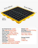 VEVOR noplūžu savākšanas palete 4 mucām, 4000 kg, 117,4 l, 1305 × 1280 × 150 mm, polietilēna platforma ar drenāžas atveri, dzeltena krāsa
