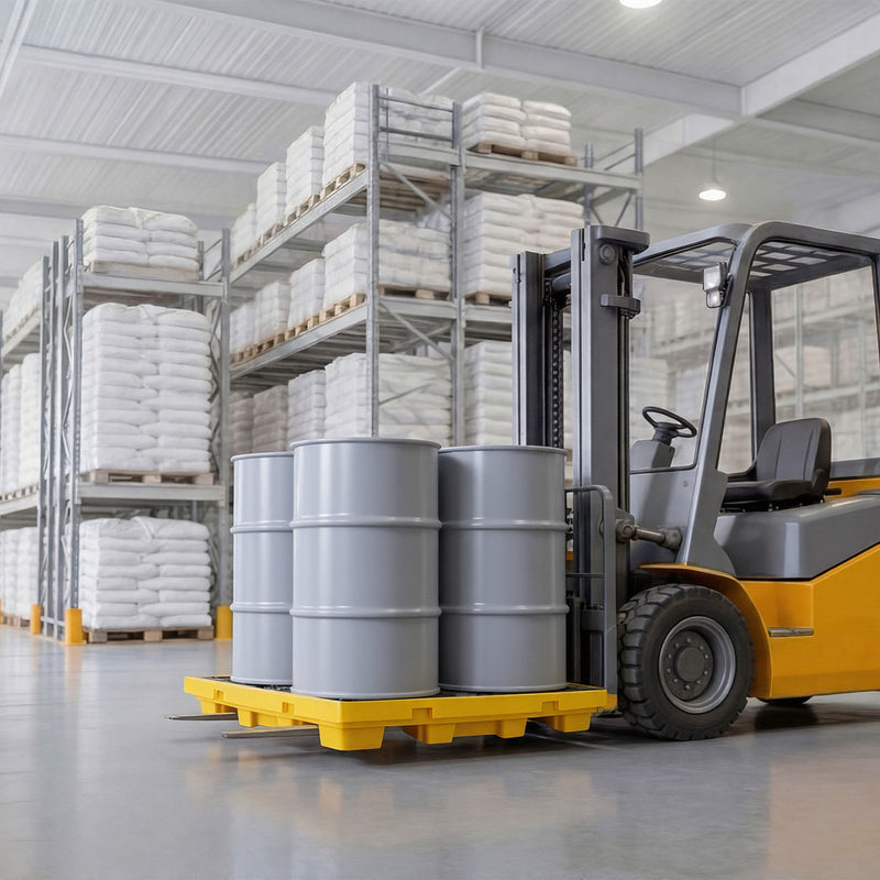 VEVOR noplūžu savākšanas palete 4 mucām, 4000 kg, 117,4 l, 1305 × 1280 × 150 mm, polietilēna platforma ar drenāžas atveri, dzeltena krāsa