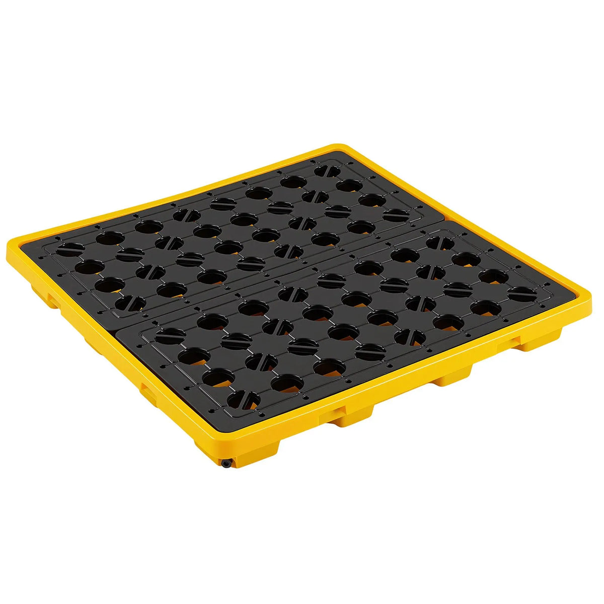 VEVOR noplūžu savākšanas palete 4 mucām, 4000 kg, 117,4 l, 1305 × 1280 × 150 mm, polietilēna platforma ar drenāžas atveri, dzeltena krāsa