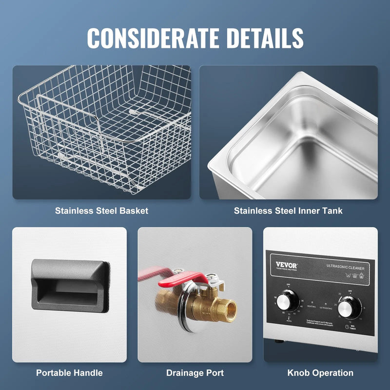 VEVOR 10 l ultraskaņas tīrītājs ar sildītāju, taimeri un grozu, profesionāls digitāls kavitācijas tīrītājs, 240 W, laboratorijas instrumentiem, metāla detaļām, karburatoriem, misiņam, automobiļu un dzinēju detaļām