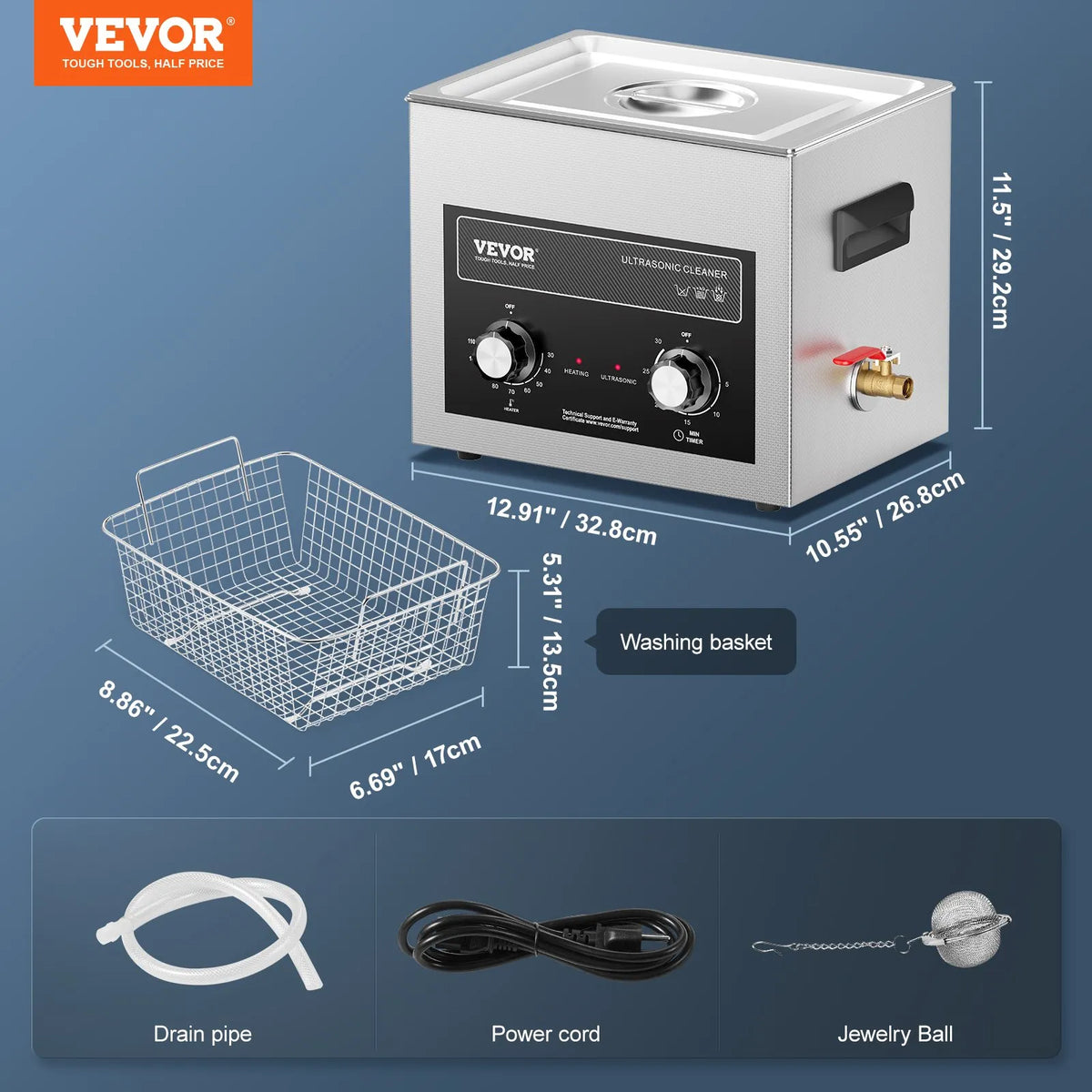 VEVOR 10 L Ultrasonic Cleaner with Heater, Timer and Basket, Professional Digital Cavitation Cleaner, 240 W, for Laboratory Instruments, Metal Parts, Carburettors, Brass, Automotive and Engine Parts