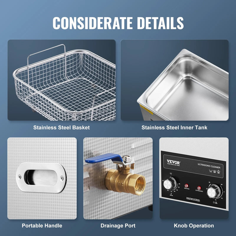 VEVOR ultraskaņas tīrītājs 15 l ar sildītāju, taimeri un grozu, profesionāls digitāls kavitācijas tīrītājs, 360 W, laboratorijas instrumentiem, metāla detaļām, karburatoriem, misiņam, automobiļu un dzinēju detaļām