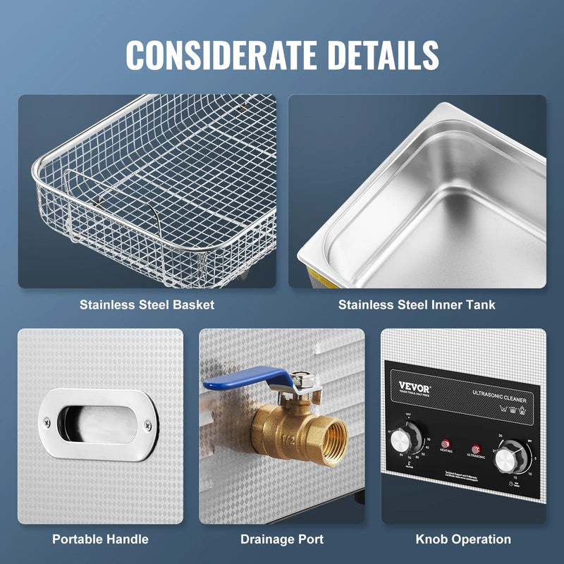 VEVOR 22 l ultraskaņas tīrītājs ar sildītāju, taimeri un grozu, profesionāls digitāls kavitācijas tīrīšanas iekārta, 480 W, laboratorijas instrumentiem, metāla detaļām, karburatoriem, misiņam, automobiļu un dzinēju detaļām