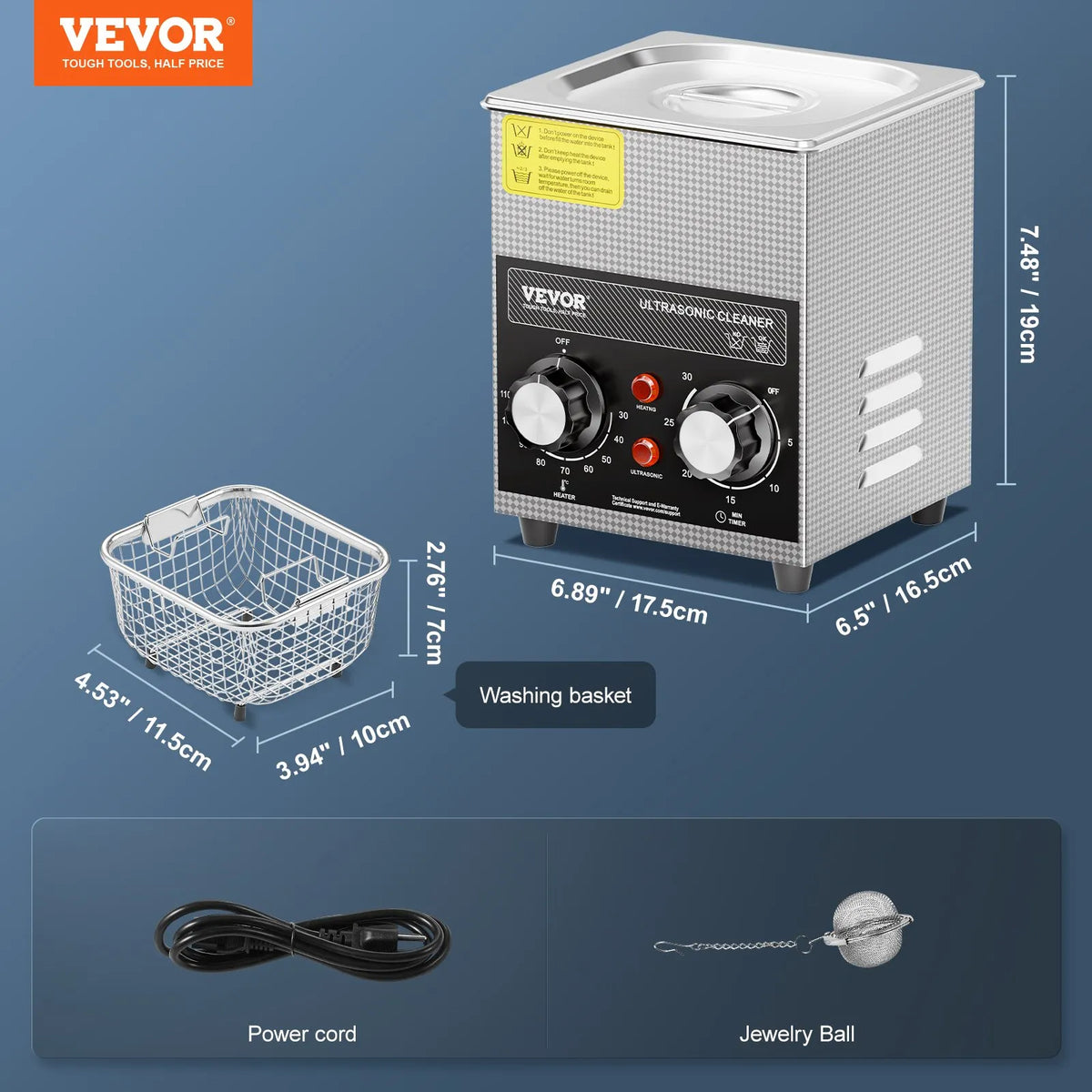 VEVOR Ultrasonic Cleaner 2 L with Heater, Timer and Basket, Professional Digital Cavitation Cleaner, 60 W, for Watches, Instruments, Glasses, Coins, Metal Parts and Tools
