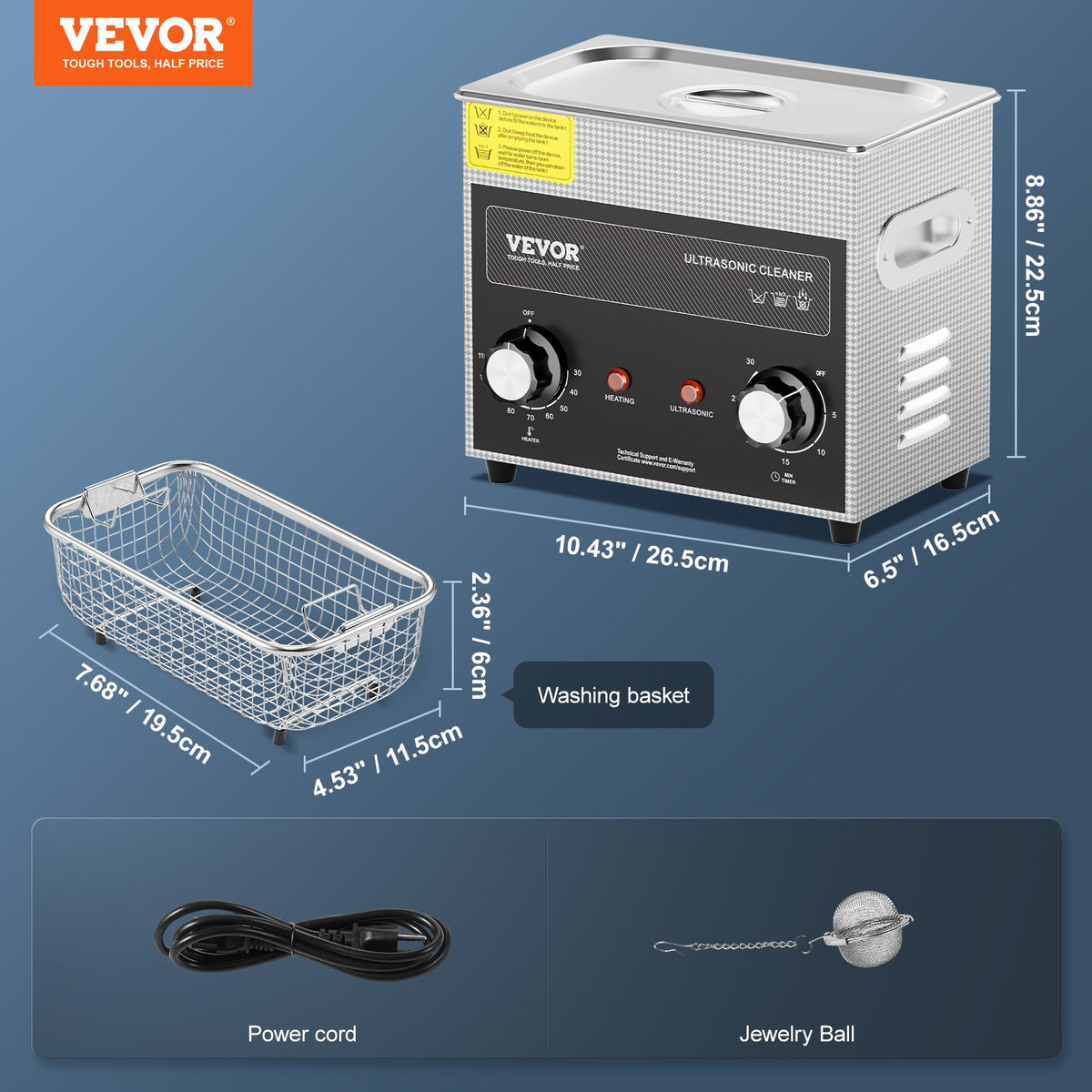 VEVOR 3 L Ultrasonic Cleaner with Heater, Timer and Basket, Professional Digital Sonic Cavitation Machine with 120 W Cleaning Power for Watch Mechanisms, Glasses, Coins, Metal Parts and Tools