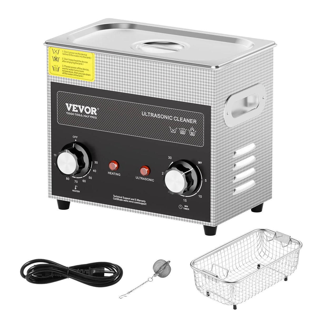 VEVOR 3 L Ultrasonic Cleaner with Heater, Timer and Basket, Professional Digital Sonic Cavitation Machine with 120 W Cleaning Power for Watch Mechanisms, Glasses, Coins, Metal Parts and Tools