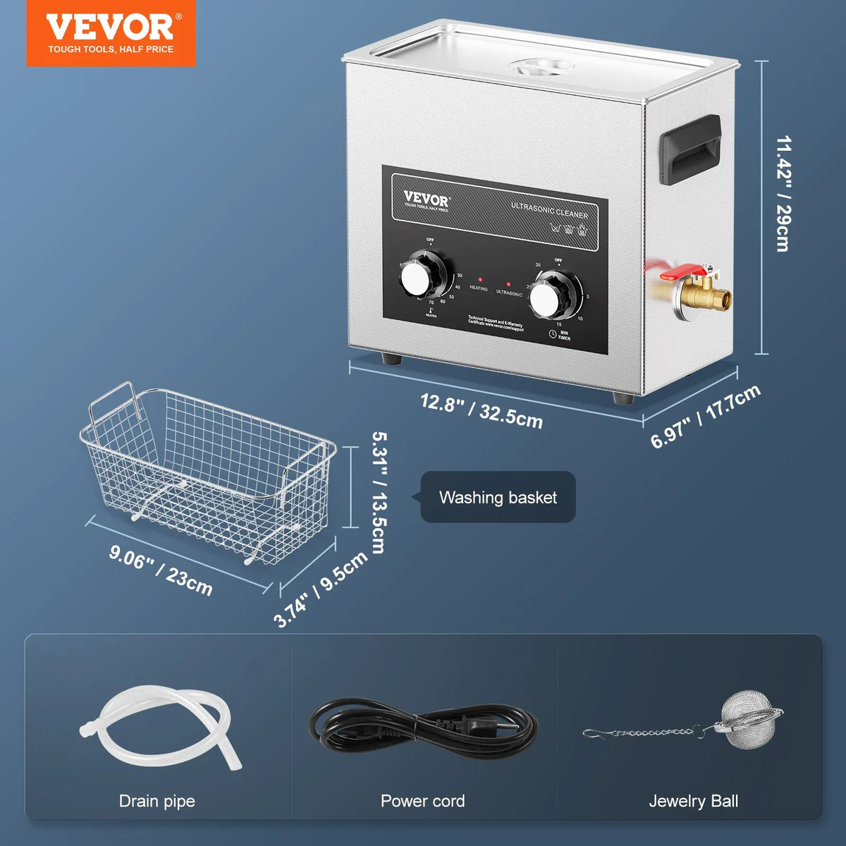 VEVOR Ultrasonic Cleaner 6 L with Heater, Timer and Basket, Professional Digital Cavitation Cleaner, 180 W, for Watches, Instruments, Glasses, Coins, Metal Parts and Tools