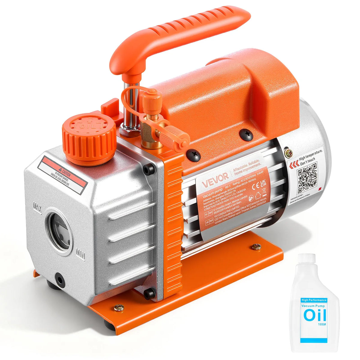 VEVOR Vacuum Pump 99 l/min, Single-Stage Rotary Vane HVAC Air Conditioning Vacuum Pump for R134a, R22 and R410a Systems, 4-Pole Motor, for Car Air Conditioner Maintenance and Resin Degassing, with Oil Kit Included