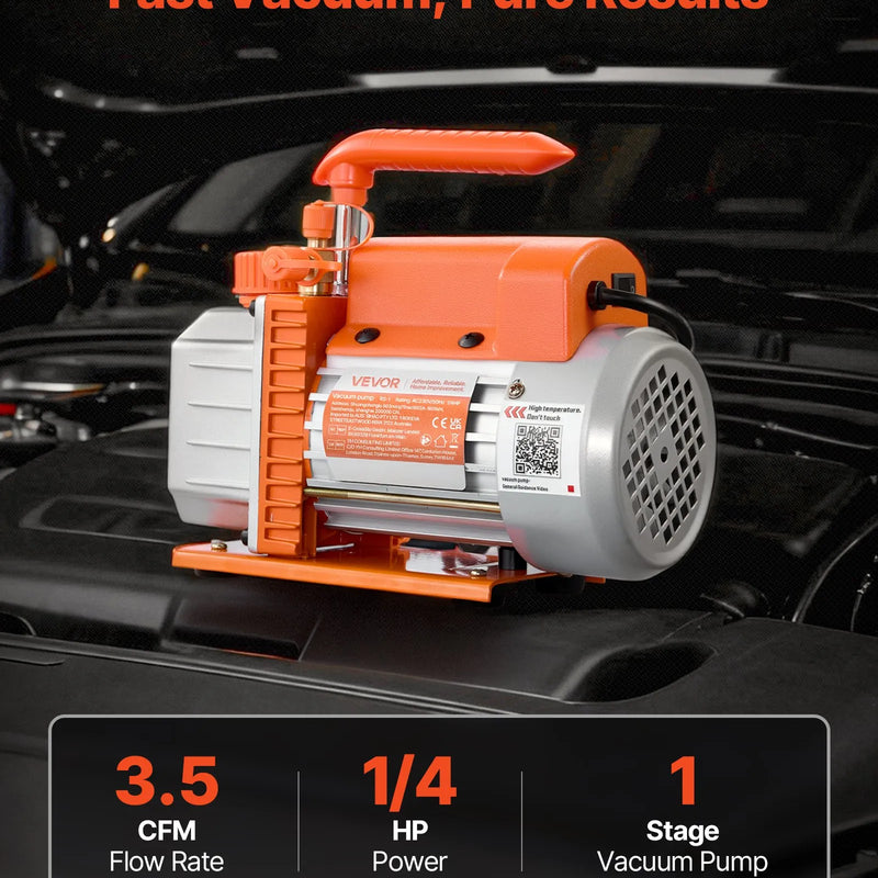 VEVOR vakuumsūknis 99 l/min, vienpakāpes rotācijas lāpstiņu HVAC gaisa kondicionēšanas vakuumsūknis R134a, R22 un R410a sistēmām, 4 polu motors, automobiļu kondicionieru apkopei un sveķu degazēšanai, ar eļļu komplektā