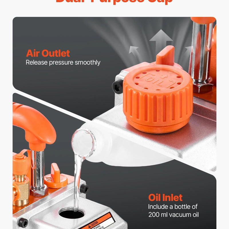 VEVOR vakuumsūknis 99 l/min, vienpakāpes rotācijas lāpstiņu HVAC gaisa kondicionēšanas vakuumsūknis R134a, R22 un R410a sistēmām, 4 polu motors, automobiļu kondicionieru apkopei un sveķu degazēšanai, ar eļļu komplektā