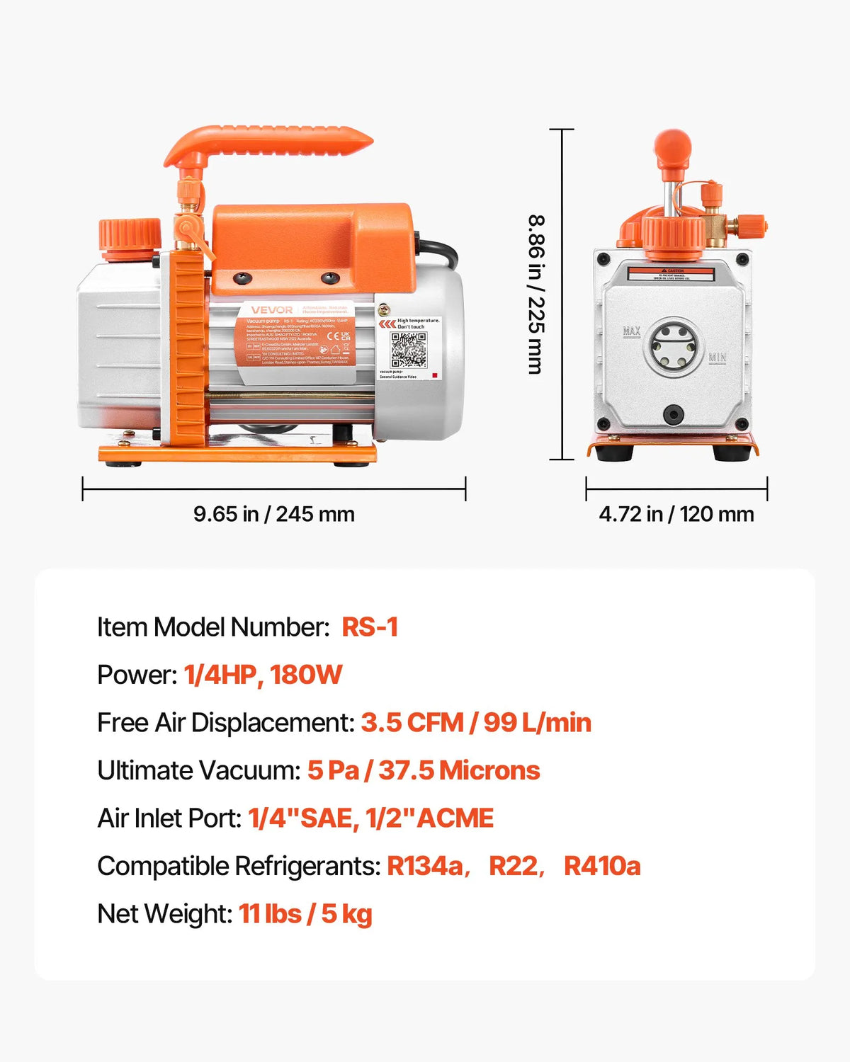 VEVOR Vacuum Pump 99 l/min, Single-Stage Rotary Vane HVAC Air Conditioning Vacuum Pump for R134a, R22 and R410a Systems, 4-Pole Motor, for Car Air Conditioner Maintenance and Resin Degassing, with Oil Kit Included