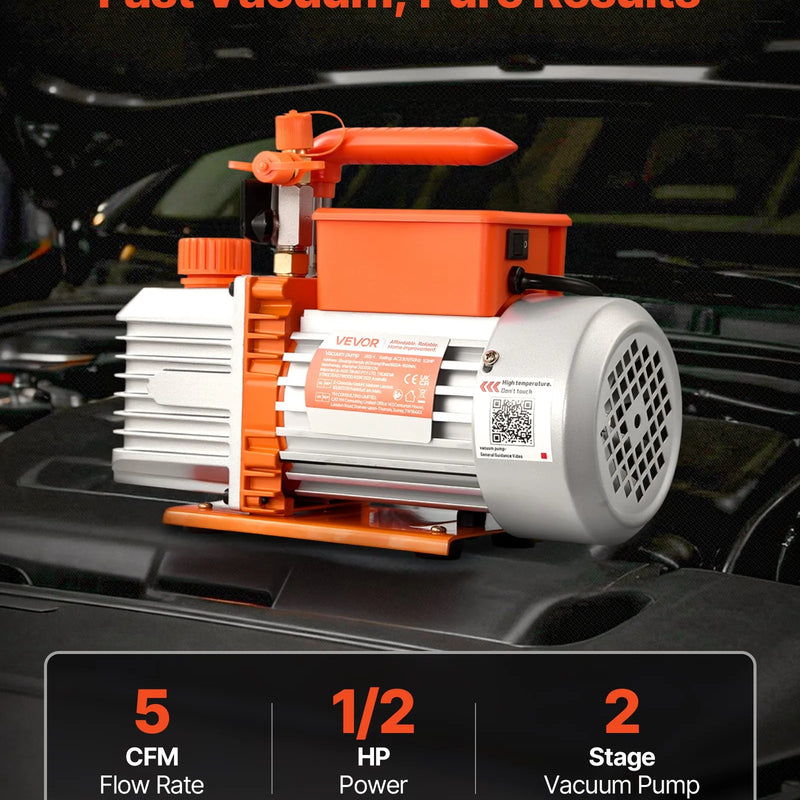 VEVOR vakuumsūknis 142 l/min, divpakāpju rotācijas lāpstiņu HVAC gaisa kondicionēšanas vakuumsūknis R134a, R22 un R410a sistēmām, 4 polu motors, automobiļu kondicionieru apkopei un sveķu degazēšanai, ar eļļu komplektā