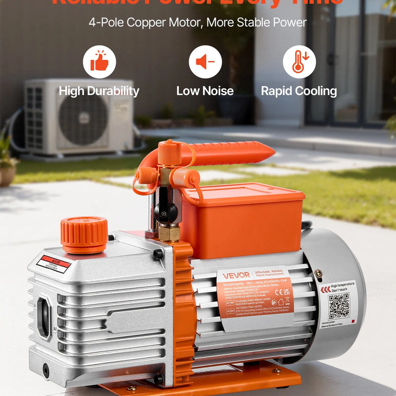 VEVOR vakuumsūknis 142 l/min, divpakāpju rotācijas lāpstiņu HVAC gaisa kondicionēšanas vakuumsūknis R134a, R22 un R410a sistēmām, 4 polu motors, automobiļu kondicionieru apkopei un sveķu degazēšanai, ar eļļu komplektā