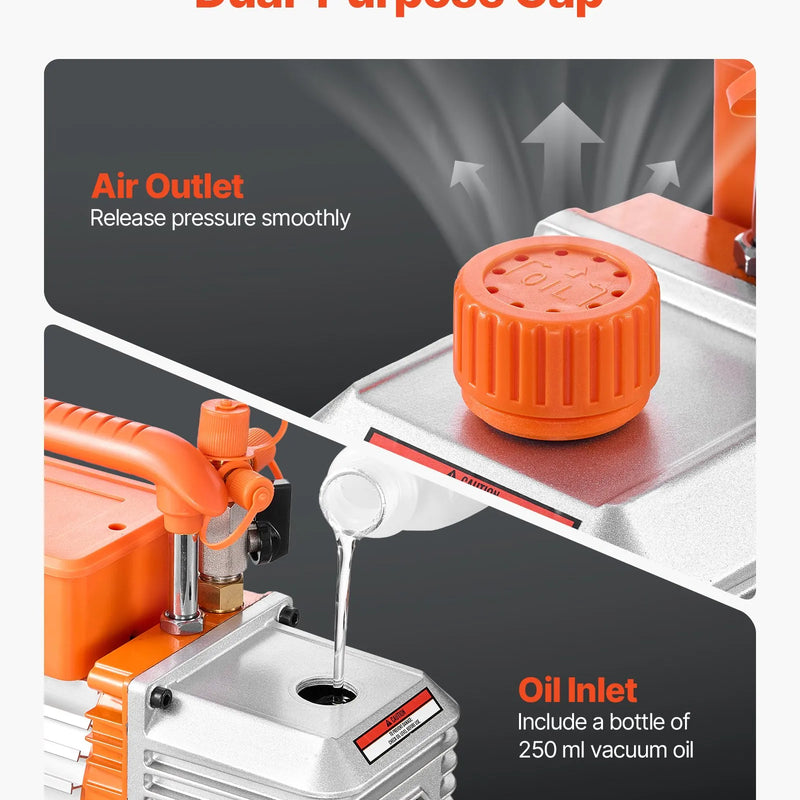 VEVOR vakuumsūknis 142 l/min, divpakāpju rotācijas lāpstiņu HVAC gaisa kondicionēšanas vakuumsūknis R134a, R22 un R410a sistēmām, 4 polu motors, automobiļu kondicionieru apkopei un sveķu degazēšanai, ar eļļu komplektā
