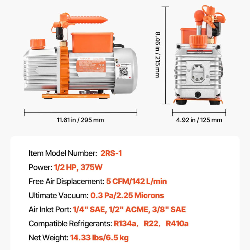 VEVOR vakuumsūknis 142 l/min, divpakāpju rotācijas lāpstiņu HVAC gaisa kondicionēšanas vakuumsūknis R134a, R22 un R410a sistēmām, 4 polu motors, automobiļu kondicionieru apkopei un sveķu degazēšanai, ar eļļu komplektā