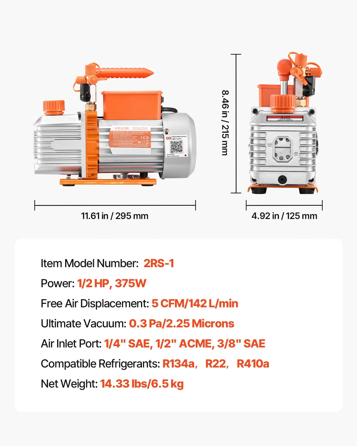 VEVOR Vacuum Pump 142 l/min, Two-Stage Rotary Vane HVAC Air Conditioning Vacuum Pump for R134a, R22 and R410a Systems, 4-Pole Motor, for Car Air Conditioner Maintenance and Resin Degassing, with Oil Kit Included
