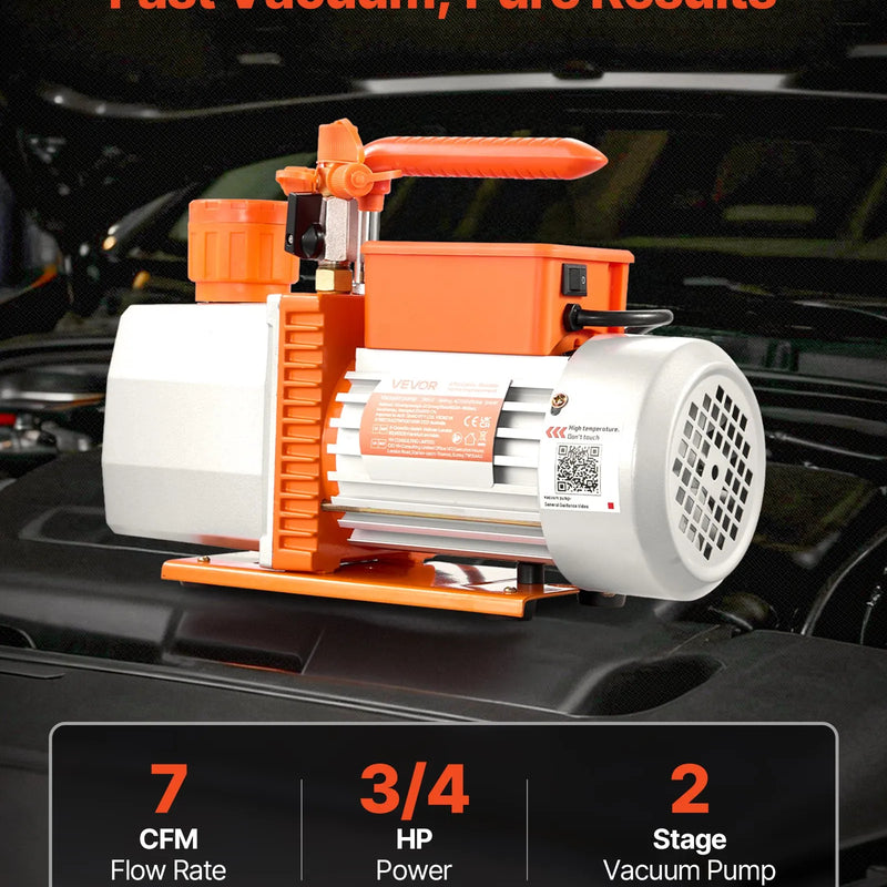 VEVOR vakuuma sūknis 198 l/min, divpakāpju rotācijas lāpstiņu HVAC AC vakuuma sūknis ar 4 polu motoru, piemērots R134a, R22, R410a, R1234yf un R32 sistēmām, komplektā vakuuma eļļa, automobiļu kondicionieru apkopei un sveķu degazēšanai