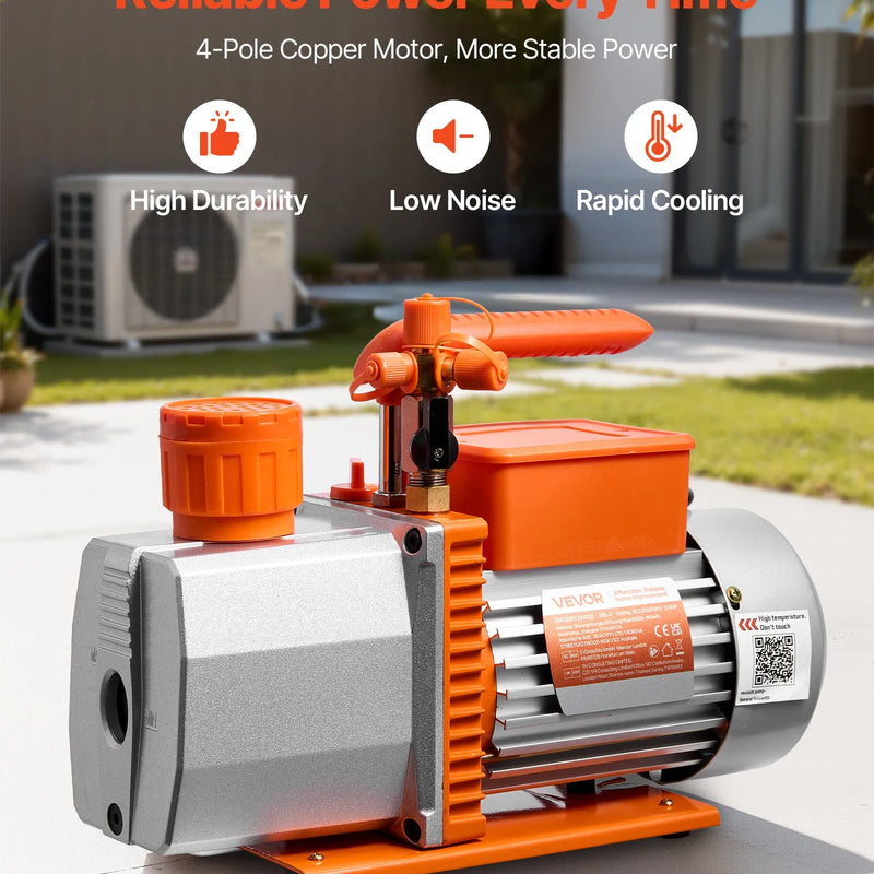 VEVOR vakuuma sūknis 198 l/min, divpakāpju rotācijas lāpstiņu HVAC AC vakuuma sūknis ar 4 polu motoru, piemērots R134a, R22, R410a, R1234yf un R32 sistēmām, komplektā vakuuma eļļa, automobiļu kondicionieru apkopei un sveķu degazēšanai