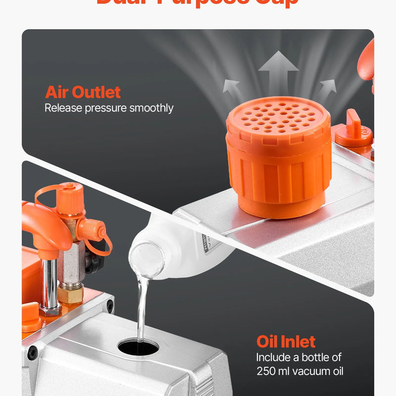 VEVOR vakuuma sūknis 198 l/min, divpakāpju rotācijas lāpstiņu HVAC AC vakuuma sūknis ar 4 polu motoru, piemērots R134a, R22, R410a, R1234yf un R32 sistēmām, komplektā vakuuma eļļa, automobiļu kondicionieru apkopei un sveķu degazēšanai