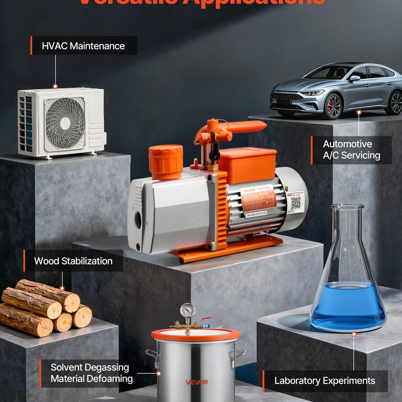 VEVOR vakuuma sūknis 198 l/min, divpakāpju rotācijas lāpstiņu HVAC AC vakuuma sūknis ar 4 polu motoru, piemērots R134a, R22, R410a, R1234yf un R32 sistēmām, komplektā vakuuma eļļa, automobiļu kondicionieru apkopei un sveķu degazēšanai